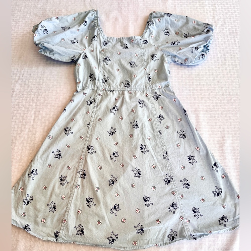Bluey Girls Light Blue Puff Sleeve Dress Floral Print Size L